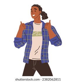 Smiling male character showing thumbs up, sign of approval or satisfaction. Isolated teenager wearing casual clothes, student communicating with gestures. Cool and okay, expressing agreement and claim