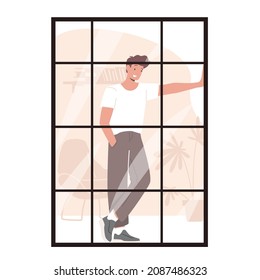 Smiling Male Character Stand in Office or Living Room Looking on City through Floor-to Ceiling Window. Human Lifestyle, Weekend Leisure, Sparetime and Recreation. Cartoon People Vector Illustration