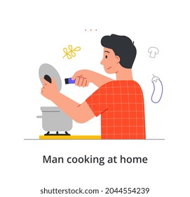 Smiling male character is stirring up the soup he makes at home on white background. Concept of people trying their best to prepare food using home equipment. Flat cartoon vector illustration