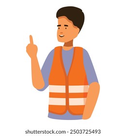 El personaje masculino sonriente que lleva un chaleco de seguridad naranja está apuntando con el dedo hacia arriba