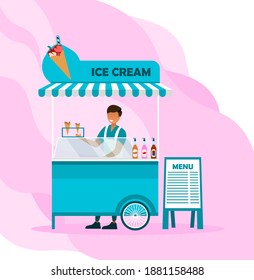Smiling male character is working in ice cream stall on pink background. Conept of fresh ice cream of different flavours you can get outdoors in a park. Flat cartoon vector illustration