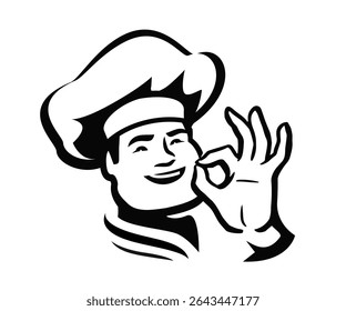 Smiling male chef in hat making ok hand sign. Emblem cook, symbol for restaurant or cafe menu design