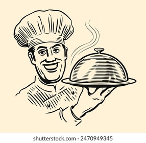 Smiling male chef serving delicious food in restaurant. Cook with tray with lid in hand. Vector drawing