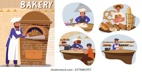 Smiling male chef takes the pastries out of the oven.  Preparation cafe, bakery baking. Set illustration sale, preparing pastries, sweets, kneading dough, cafe, hand drawn vector.