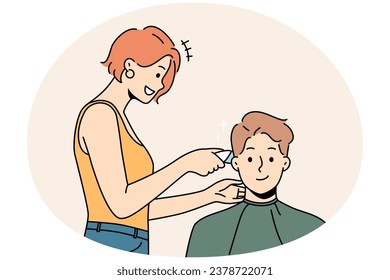 Smiling male client get hairdo in barbershop. Female barber give hairstyle to happy man customer in saloon. Beauty and haircare. Vector illustration.