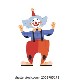 Smiling male clown in colorful costume working in circus. Concept of circus characters doing tricks and stunts for children, adults. Positive clown cheering up people. Flat cartoon vector illustration