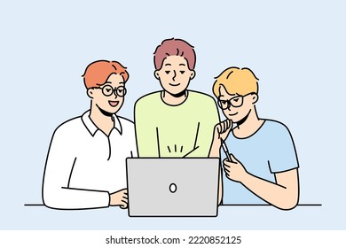 Smiling male colleagues look at computer screen brainstorming together. Happy coworkers cooperate working on laptop at workplace. Teamwork. Vector illustration. 