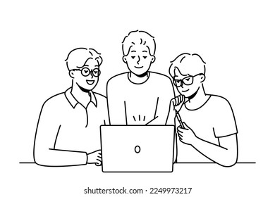 Smiling male colleagues look at computer screen brainstorming together. Happy coworkers cooperate working on laptop at workplace. Teamwork. Vector illustration. 