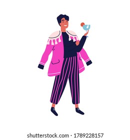 Smiling male in colorful costume holding cocktail vector flat illustration. Happy funny guy in bright apparel standing with bocal at theme party isolated. Man at masquerade with alcohol beverage