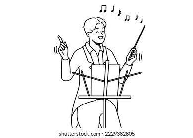 Smiling male conductor in formalwear hold baton working in concert hall. Happy man musician or artist with stick conduct performance. Vector illustration. 