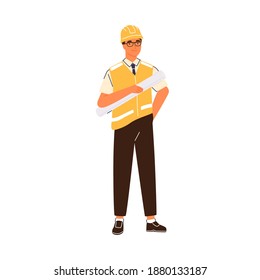 Smiling male construction engineer vector flat illustration. Happy industrial worker in uniform and hard hat holding building plan isolated. Friendly foreman or architect with architectural project