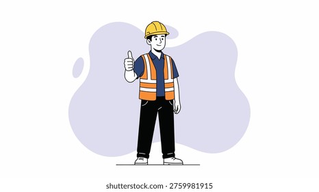 Smiling Male Construction Worker in Yellow Hard Hat and Safety Vest Giving Thumbs Up Gesture