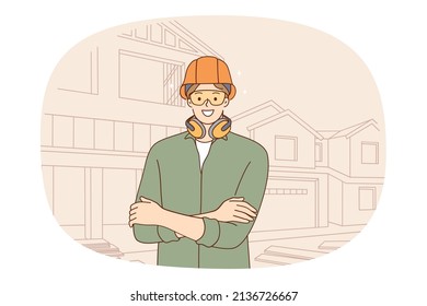 Smiling male constructor in protective gear at house construction site. Happy man engineer or housebuilder in helmet and headset at project yard control building. Flat vector illustration. 