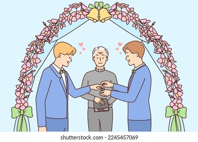 Smiling male couple stand near wedding arch exchange rings  Happy gay men at marriage ceremony  Homosexual relationships concept  Vector illustration  