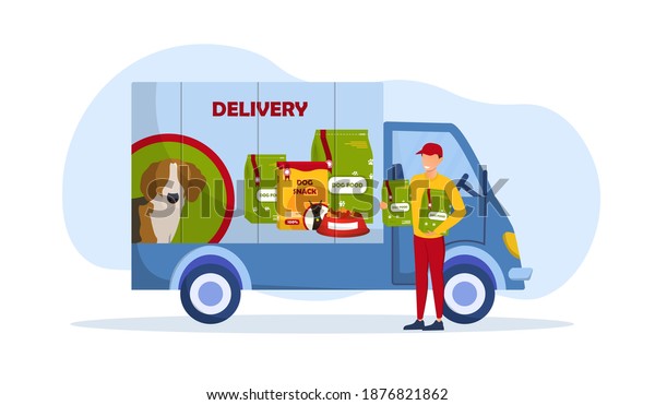 Smiling male courier delivering dog\
food. Delivery boy truck with dog snack design on side. Concept of\
dog food delivery service. Flat cartoon vector\
illustration