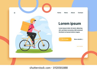 Smiling male courier in helmet on bicycle. Bag, order, fast flat vector illustration. Delivery service and shipping concept for banner, website design or landing web page