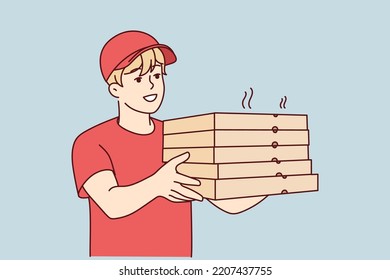 Smiling male courier in uniform deliver hot pizza to client. Happy deliveryman with pizza boxes in hands. Food delivery service. Vector illustration. 