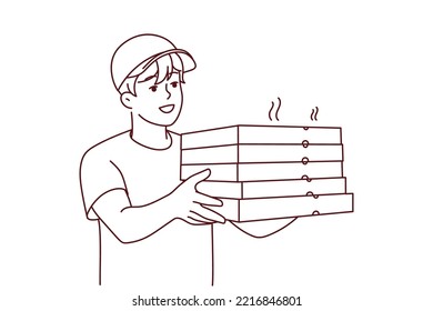 Smiling male courier in uniform deliver hot pizza to client. Happy deliveryman with pizza boxes in hands. Food delivery service. Vector illustration. 