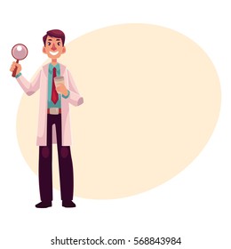 Smiling male dermatologist doctor standing with magnifying glass in one hand, cartoon vector on background with place for text. Male dermatologist, healthcare professional holding magnifier