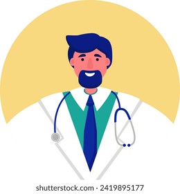 Smiling male doctor with blue hair, beard, stethoscope, white coat, green scrubs. Medical professional, happy healthcare worker vector illustration.