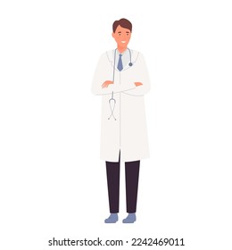 Smiling male doctor with crossed arms. Standing hospital worker vector illustration