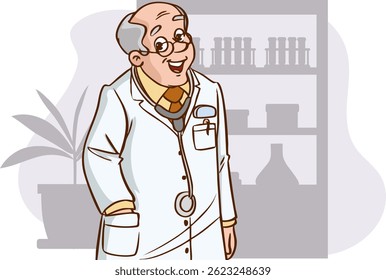 Médico homem sorridente com uma ilustração vetor rosto feliz. Ilustrações de cuidados de saúde