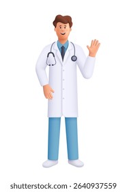 Smiling male doctor James wearing a white lab coat and stethoscope, waving gesture Healthcare, medicine, telemedicine and medical services concept. 3d vector people character. Cartoon minimal style.