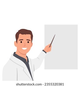 A smiling male doctor points to an empty medical demonstration board. Doctor in a white coat character. Flat vector illustration isolated on white background