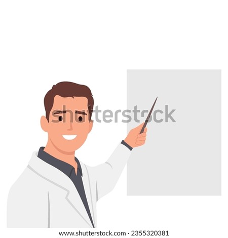 A smiling male doctor points to an empty medical demonstration board. Doctor in a white coat character. Flat vector illustration isolated on white background