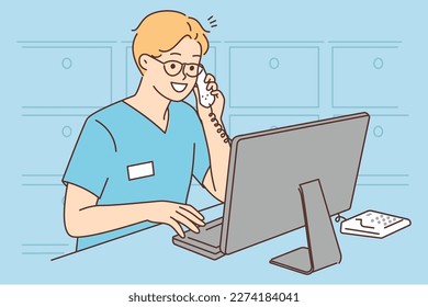 Smiling male doctor in uniform talk on phone work on computer in office. Happy medial specialist speak on telephone in clinic. Vector illustration. 