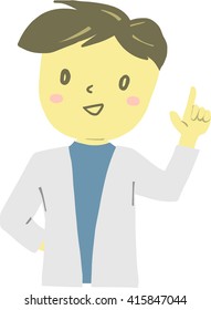 smiling male doctor in white lab coat make a pointing finger gesture