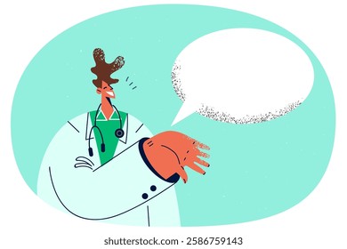 Smiling male doctor in white medical uniform with speech bubble. Happy man GP or therapist talk consult patient. Medicine and healthcare. Vector illustration.