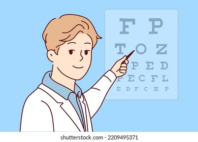 Lächelnder männlicher Arzt in weißer Uniform zeigt Briefe an Bord für den Patienten. Herzlichen Glückwunsch zum Augenarzt oder Augenarzt. Vektorgrafik. 