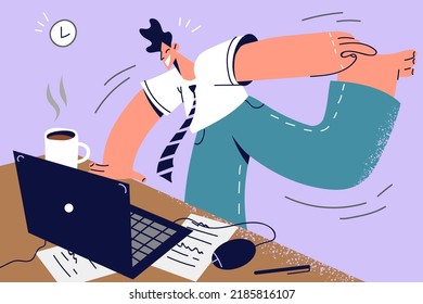 Smiling Male Employee Do Sports At Workplace Tired With Sedentary Job. Happy Active Worker Stretching And Exercising At Office Desk. Healthy Lifestyle. Vector Illustration. 