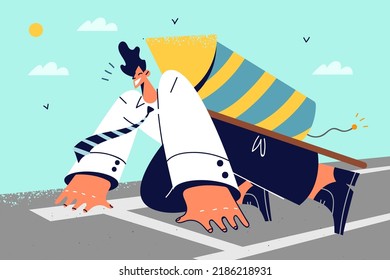 Smiling male employee with rocket on back stand on start ready for business race. Excited motivated businessman prepare for project launch. Vector illustration. 