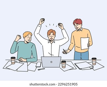 Smiling male employees work on laptop celebrate online win in office. Happy colleagues triumph with work achievement or success. Vector illustration. 