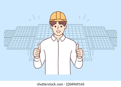 Smiling male engineer in helmet show thumb posing near solar panels. Happy man worker recommend building company. Vector illustration. 