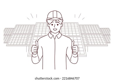 Smiling male engineer in helmet show thumb posing near solar panels. Happy man worker recommend building company. Vector illustration. 