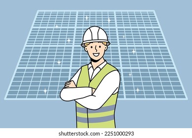 Smiling male engineer in uniform and helmet stand near solar panels. Happy man recommend modern photovoltaic batteries. Vector illustration. 