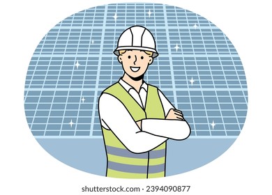 Smiling male engineer in uniform and helmet stand near solar panels. Happy man recommend modern photovoltaic batteries. Vector illustration.