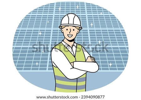 Smiling male engineer in uniform and helmet stand near solar panels. Happy man recommend modern photovoltaic batteries. Vector illustration.