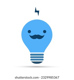 Smiling Male Face with Mustache on a Blue Light Bulb, Isolated on White Background -  Lightbulb Emoji with Funny Face, Emotion - Creative Concept of Idea - Vector Illustration