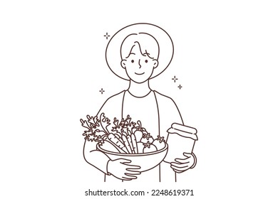 Smiling male farmer with fruits and vegetables in hands. Happy man gardener with crops excited with good harvest. Organic products. Vector illustration. 