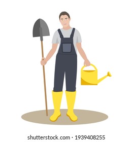Smiling male farmer. gardener with a shovel and a watering pot. Gardening work. gardening, vector illustrations.