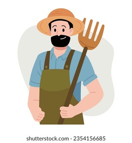 Un agricultor sonriente sostiene una ilustración de un vector de torta