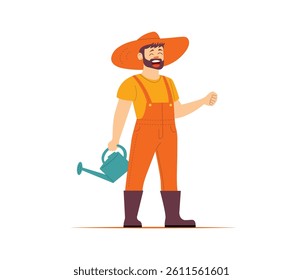 Smiling Male Farmer in Orange Overalls Holding Watering Can – Flat Vector Illustration