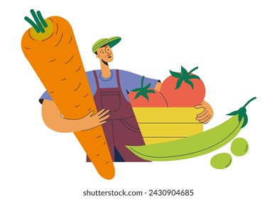 Smiling male farmer in uniform holding gigantic vegetables. Man selling fresh vegetables. Local farming concept