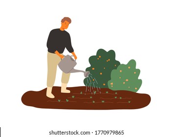 Smiling male farmer watering seedbed vector flat illustration. Joyful man agricultural worker making gardening job isolated on white. Happy guy with watering can taking care to growing plants