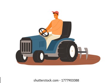 Smiling male farmer working on tractor vector flat illustration. Man driving heavy agricultural machinery for plowing field before seeding isolated on white. Agronomy guy during seasonal work