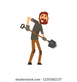 Smiling male farmer working with shovel, cheerful gardener character, farming and agriculture vector Illustration on a white background